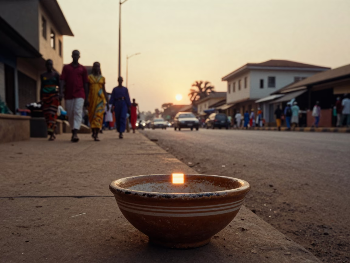 Early Morning Accra Ghana Horizon Street Scene with Vintage Italian Majolica Plate in in Accra, Ghana