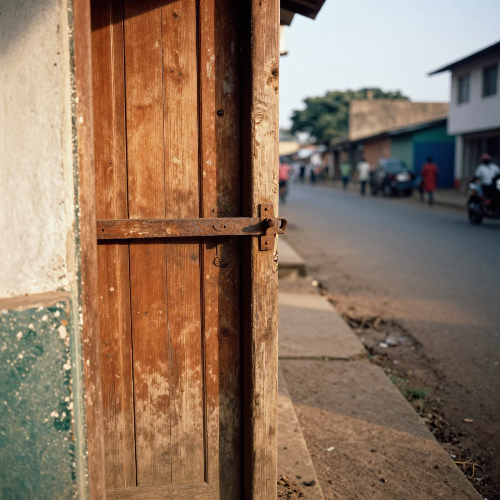 Early Morning Accra Ghana Street Scene with Wooden Latch and Linen Fringe Detail in in Accra, Ghana