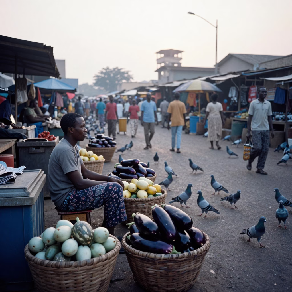 Early Morning Accra Market Scene with Pigeons and Eggplants Before Sunrise in in Accra, Ghana