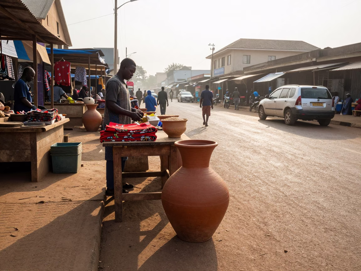 Early Morning Accra Market Street Scene with Clay Pot Vendor and Twine in in Accra, Ghana