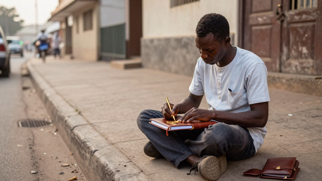 Early Morning Accra Street Scene with Bookmaker Gilding Leather and Local Commerce in in Accra, Ghana