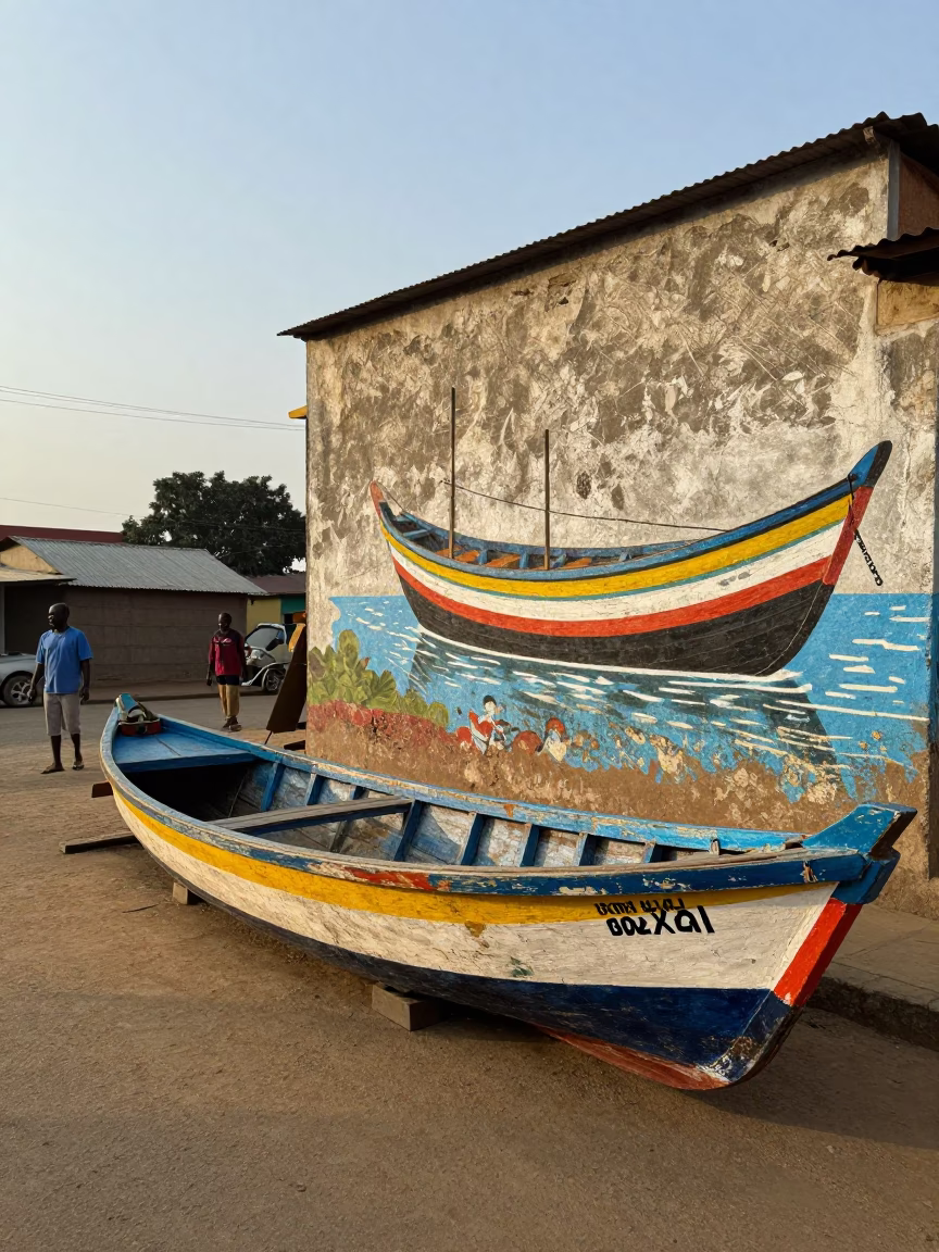 Early Morning Accra Street Scene with Colorful Painted Boat Art and Tropical Greenery in in Accra, Ghana