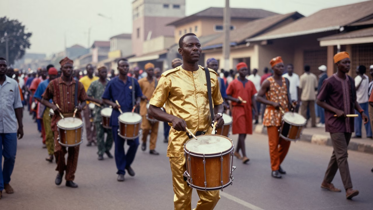 Early Morning Accra Street Scene with Drum Major and Marching Band in in Accra, Ghana