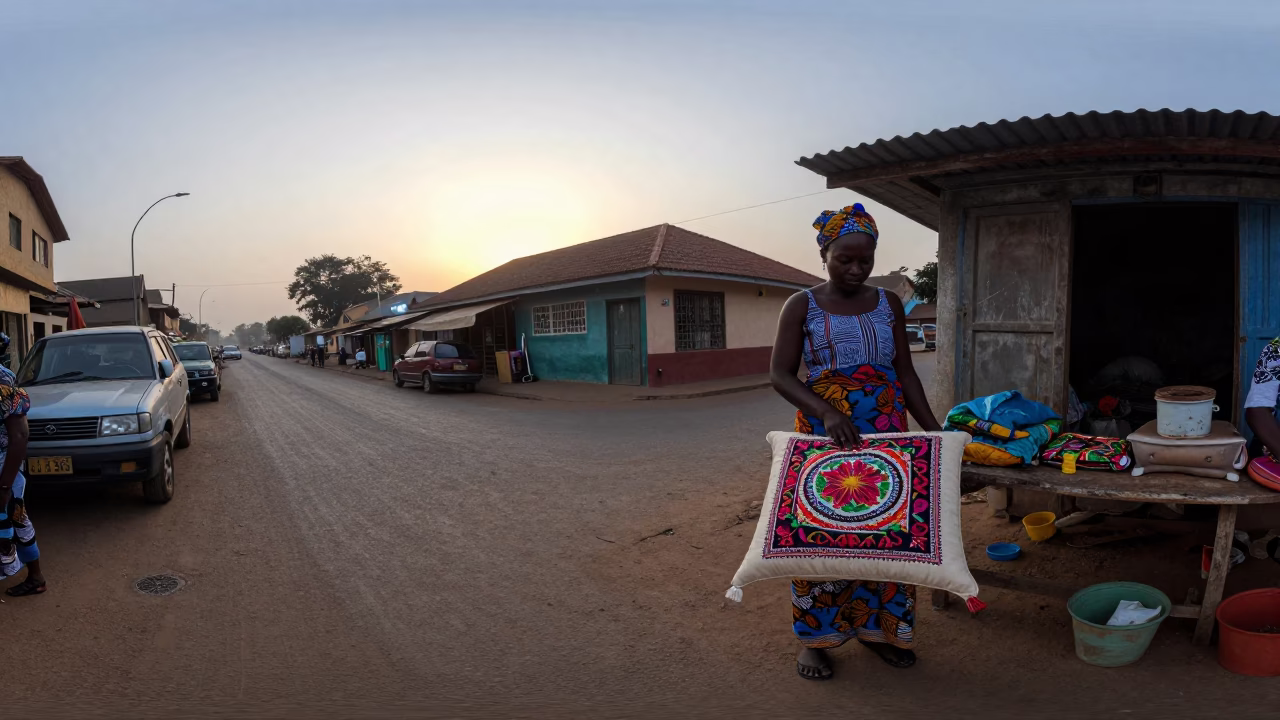 Early Morning Accra Street Scene with Embroidered Cushion and Local Commerce in in Accra, Ghana