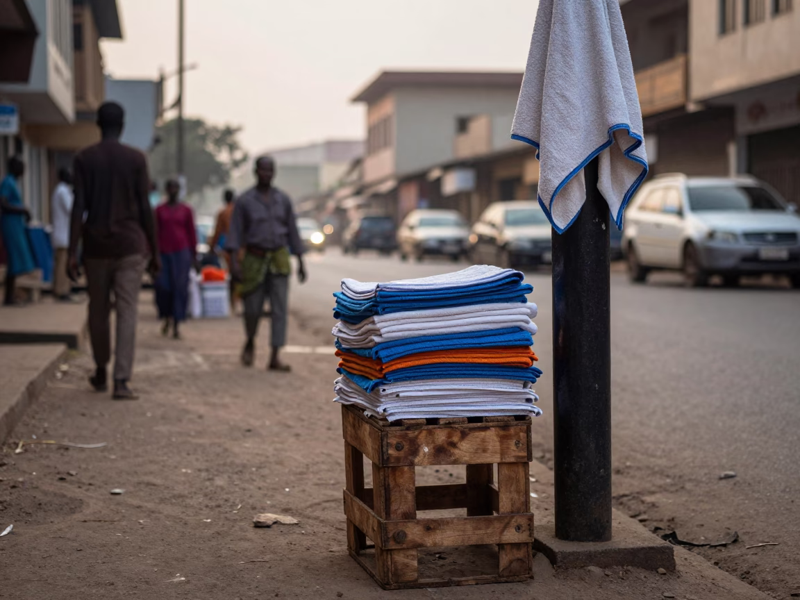 Early Morning Accra Street Scene with Hand Towels and Local Market Activity in in Accra, Ghana