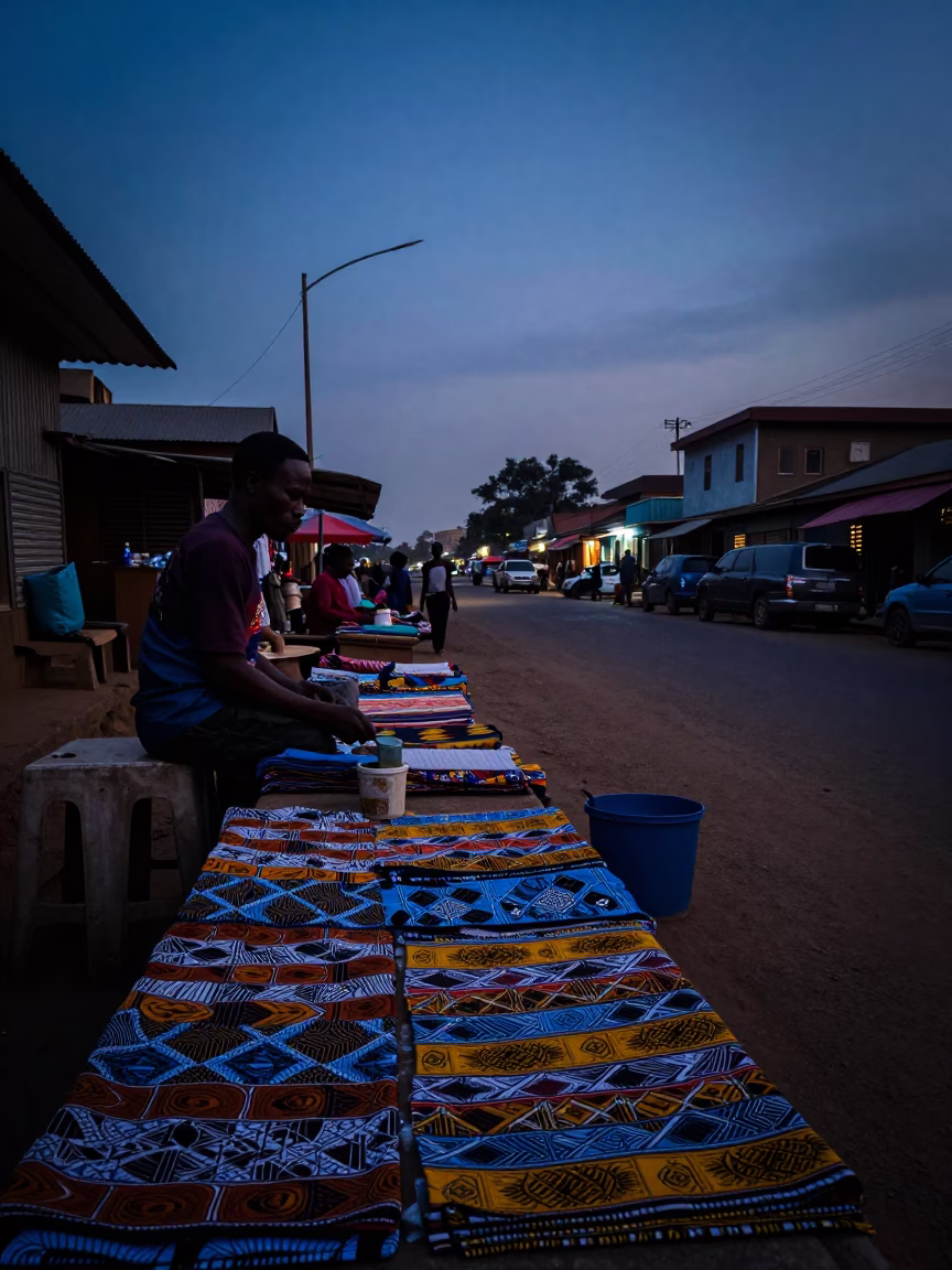 Early Morning Accra Street Scene with Local Market Vendor and Traditional Textile in in Accra, Ghana