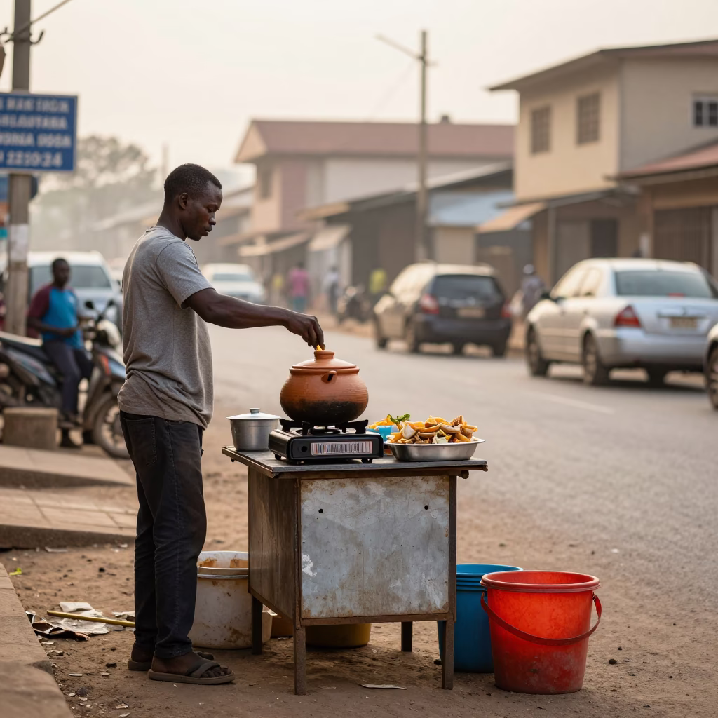 Early Morning Accra Street Scene with Local Vendor and Clay Pot Cooking in in Accra, Ghana