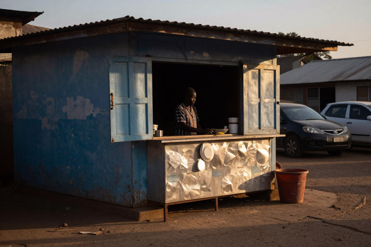 Early Morning Accra Street Scene with Local Vendor and Morning Light in in Accra, Ghana