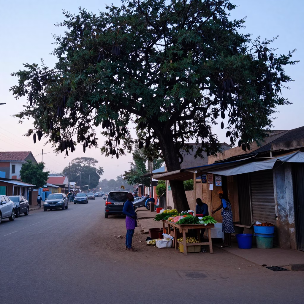 Early Morning Accra Street Scene with Tamarind Tree and Local Market Activity in in Accra, Ghana