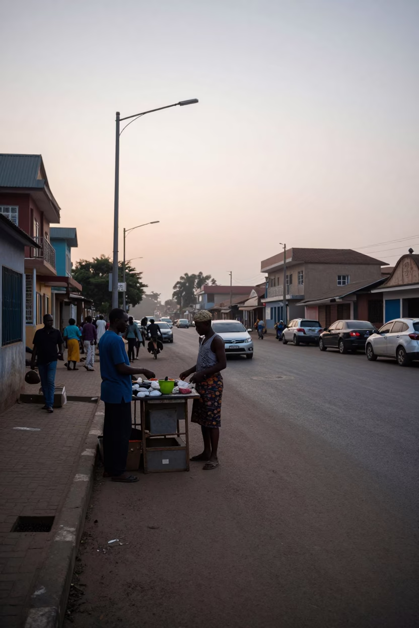 Early Morning Accra Street Scene with Vendor and Local Details in in Accra, Ghana