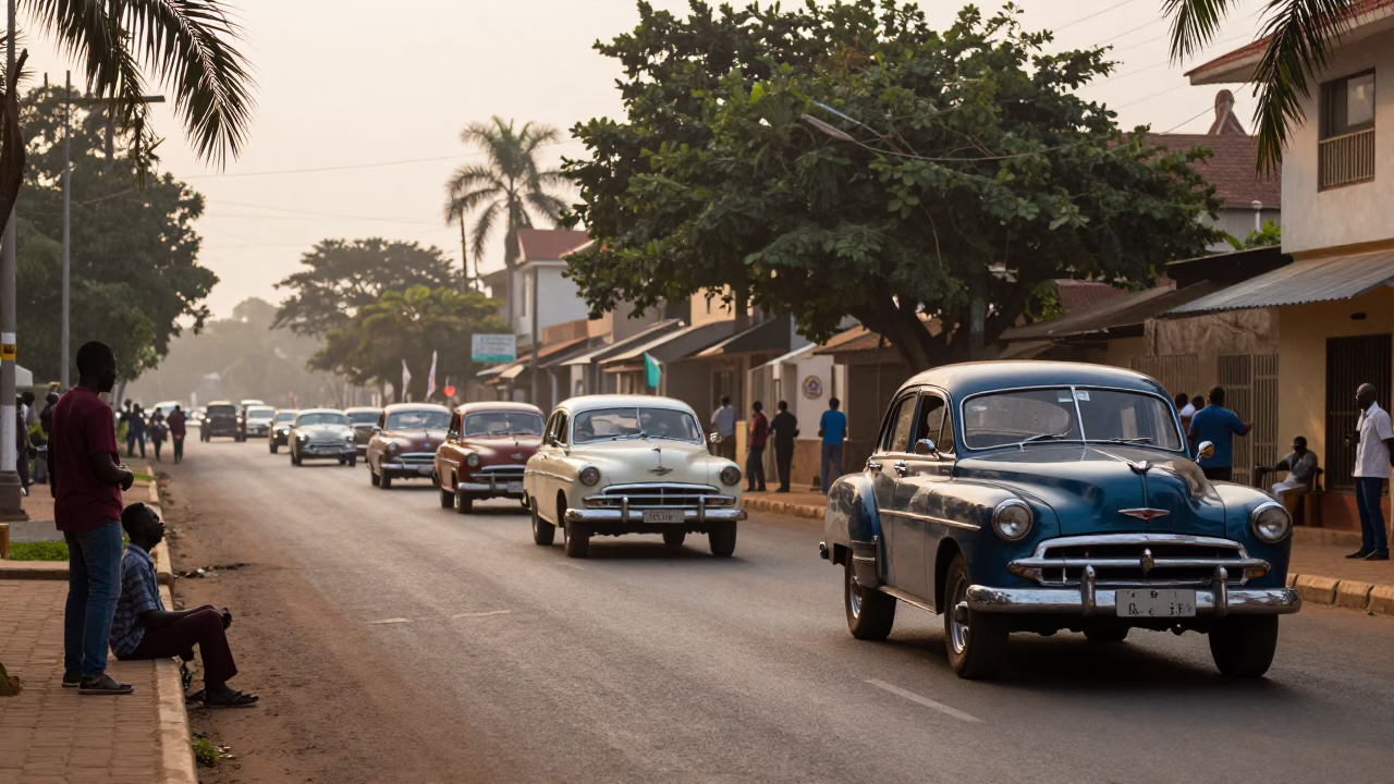 Early Morning Accra Street Scene with Vintage Car Rally and Local Market Activity in in Accra, Ghana