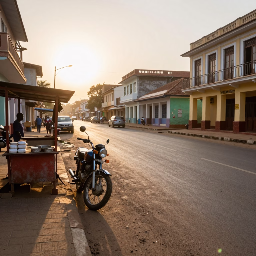 Early Morning Accra Street Scene with Vintage Motorcycle and Local Market Activity in in Accra, Ghana