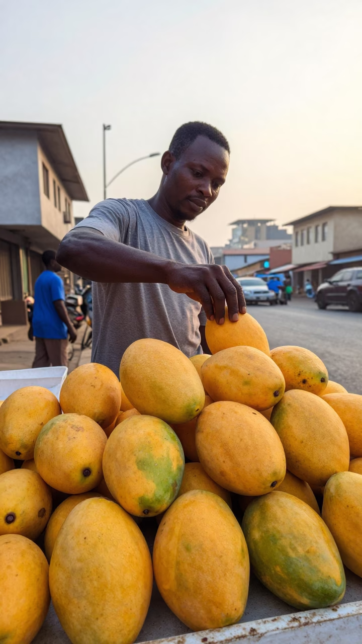Early Morning Accra Street Vendor Selling Fresh Mangoes in Ghana in in Accra, Ghana
