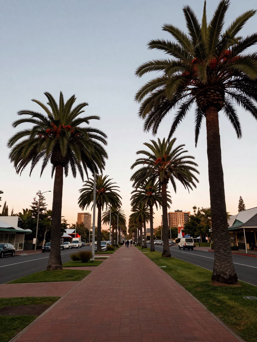 Early Morning Adelaide Boulevard Palm Tree Avenue and Terracotta Pot in in Adelaide, South Australia, Australia