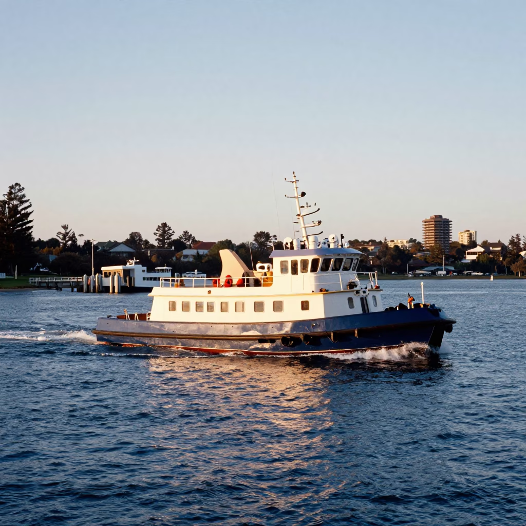 Early Morning Adelaide Harbor Scene with Pilot Boat and Concrete Floodgate Chamber in in Adelaide, South Australia, Australia