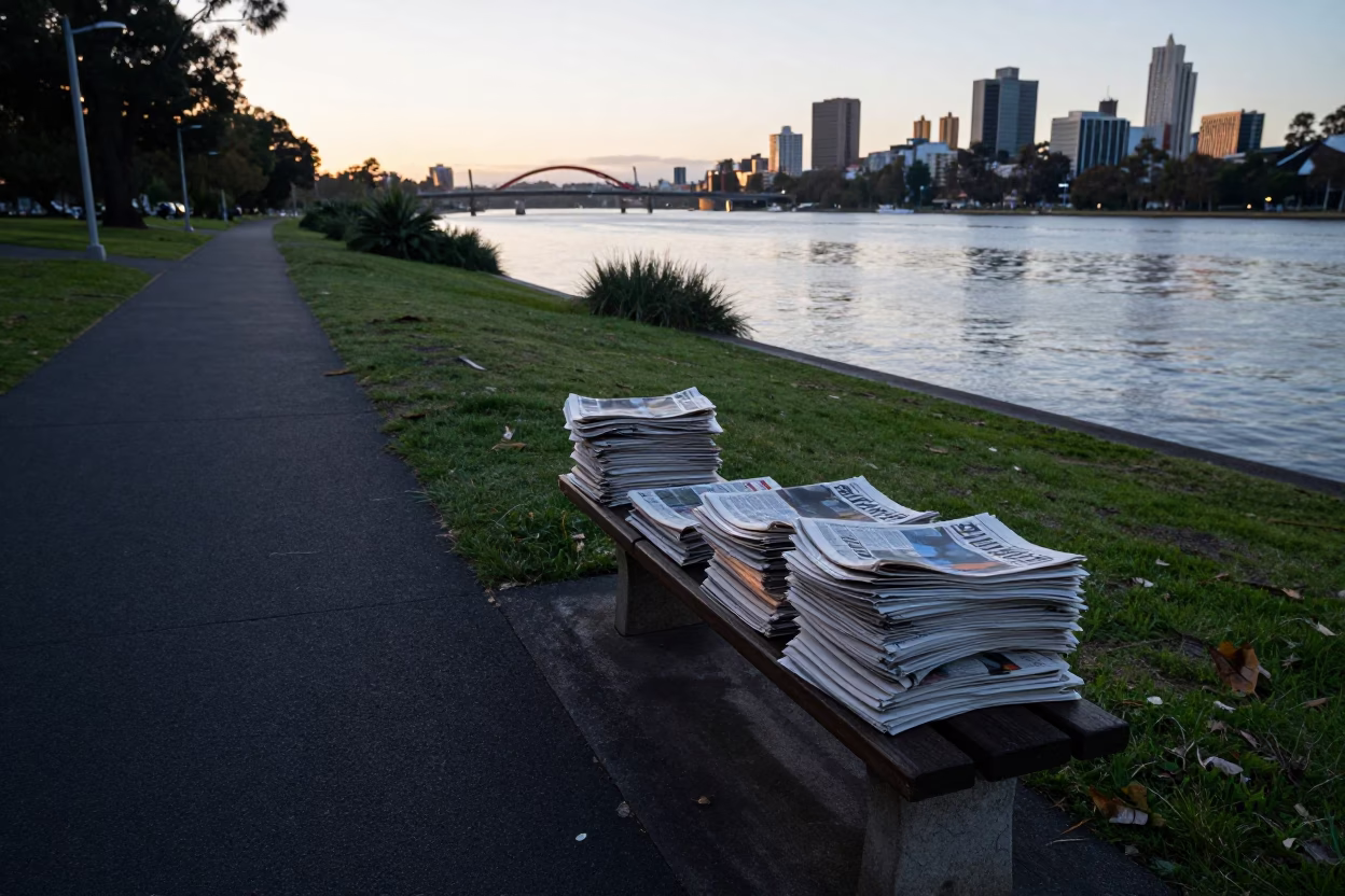Early Morning Adelaide Riverbank Walkway with Newspaper Stacks and Palm Trees Before Sunrise in in Adelaide, South Australia, Australia