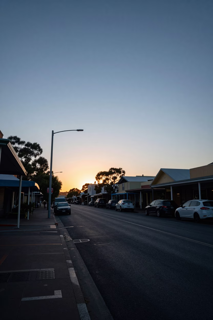 Early Morning Adelaide Street Scene Before Sunrise with Local Shopfront Details in in Adelaide, South Australia, Australia