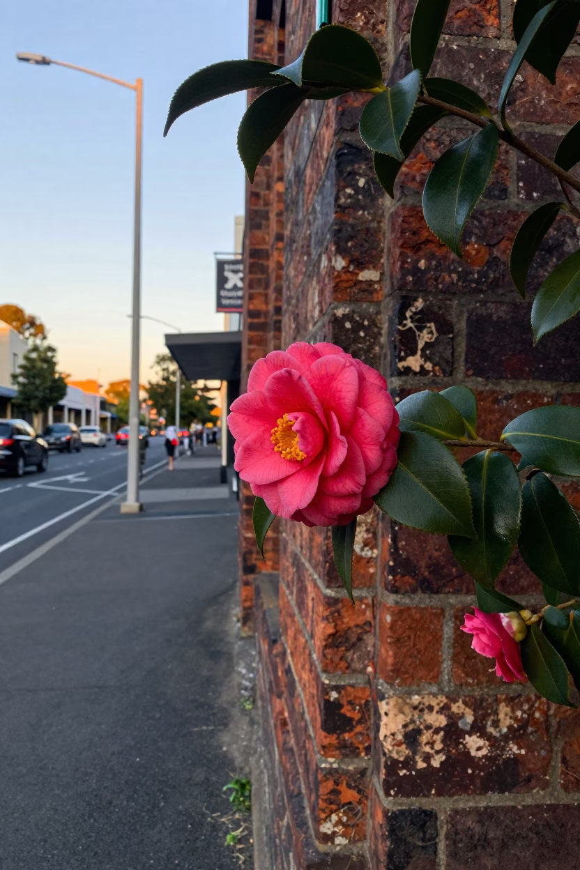 Early Morning Adelaide Street Scene with Camellia and Vintage Details in in Adelaide, South Australia, Australia