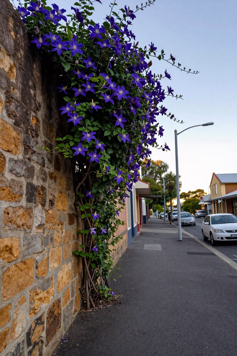 Early Morning Adelaide Street Scene with Clematis Vine and Stone Wall in South Australia in in Adelaide, South Australia, Australia