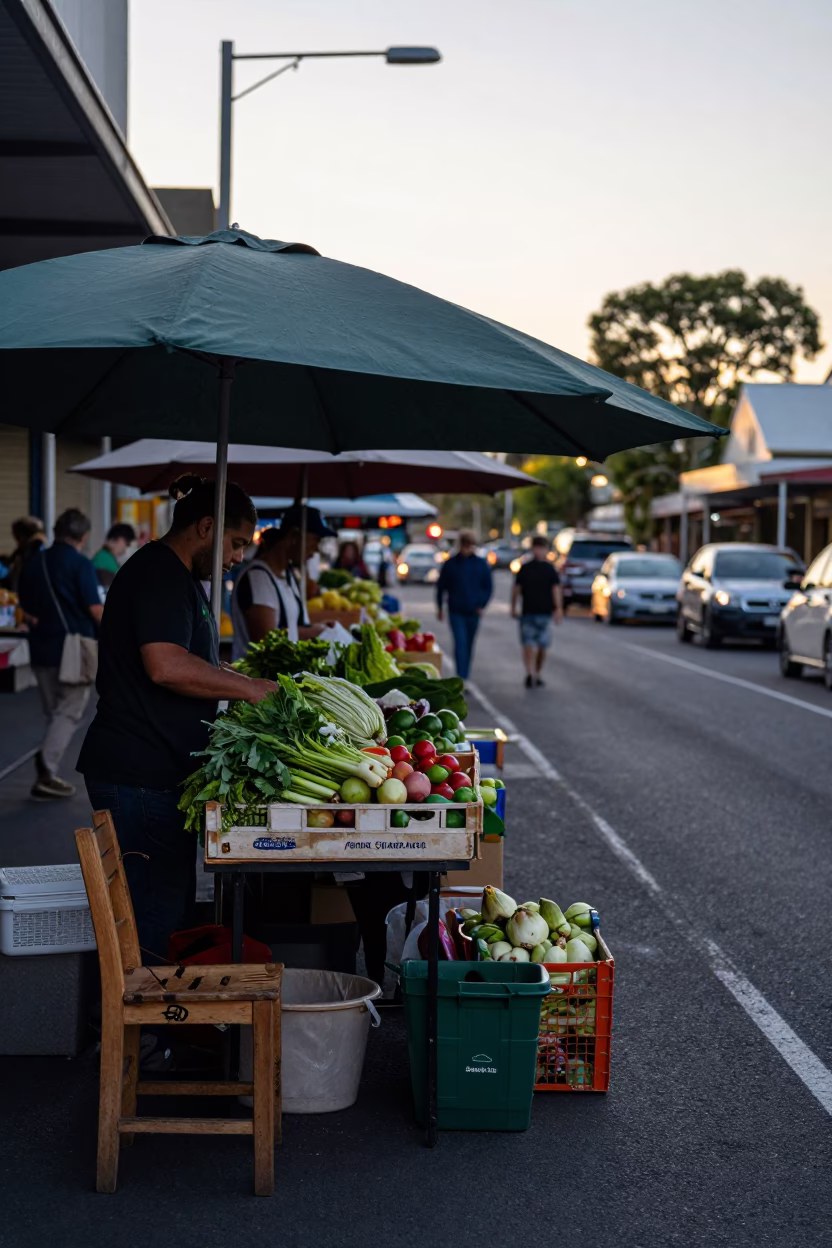Early Morning Adelaide Street Scene with Local Market Goods and Urban Details in in Adelaide, South Australia, Australia