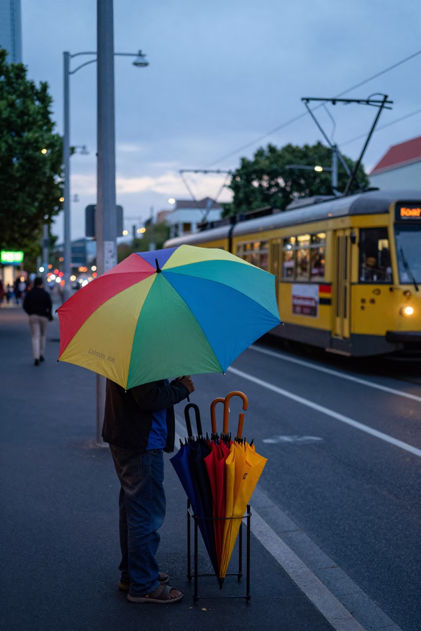 Early Morning Adelaide Street Scene with Umbrellas and Tram Before Sunrise in in Adelaide, South Australia, Australia