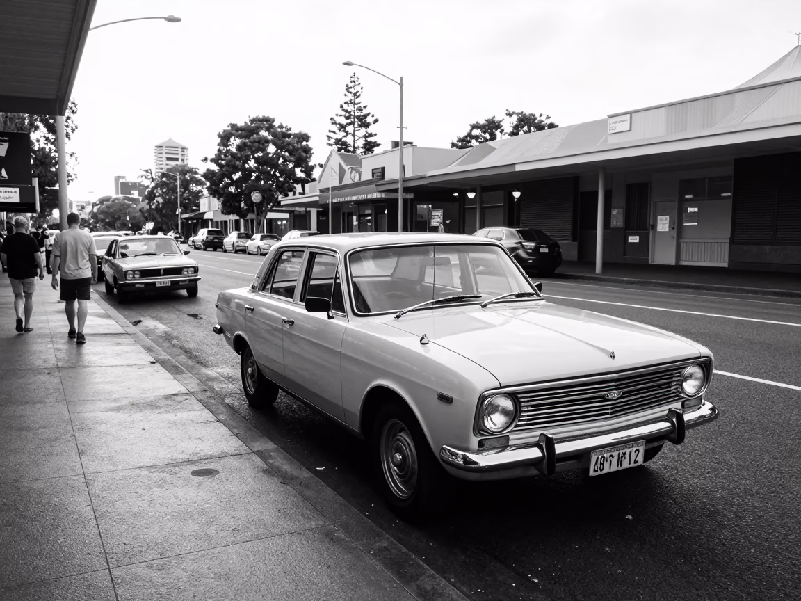 Early Morning Adelaide Street Scene with Vintage Car and Crate Delivery in in Adelaide, South Australia, Australia