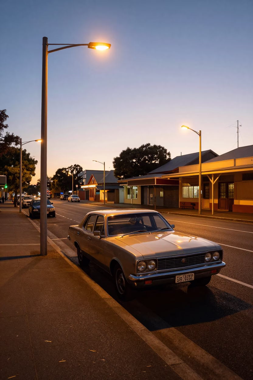 Early Morning Adelaide Street Scene with Vintage Car and Palm Trees Before Dawn in in Adelaide, South Australia, Australia