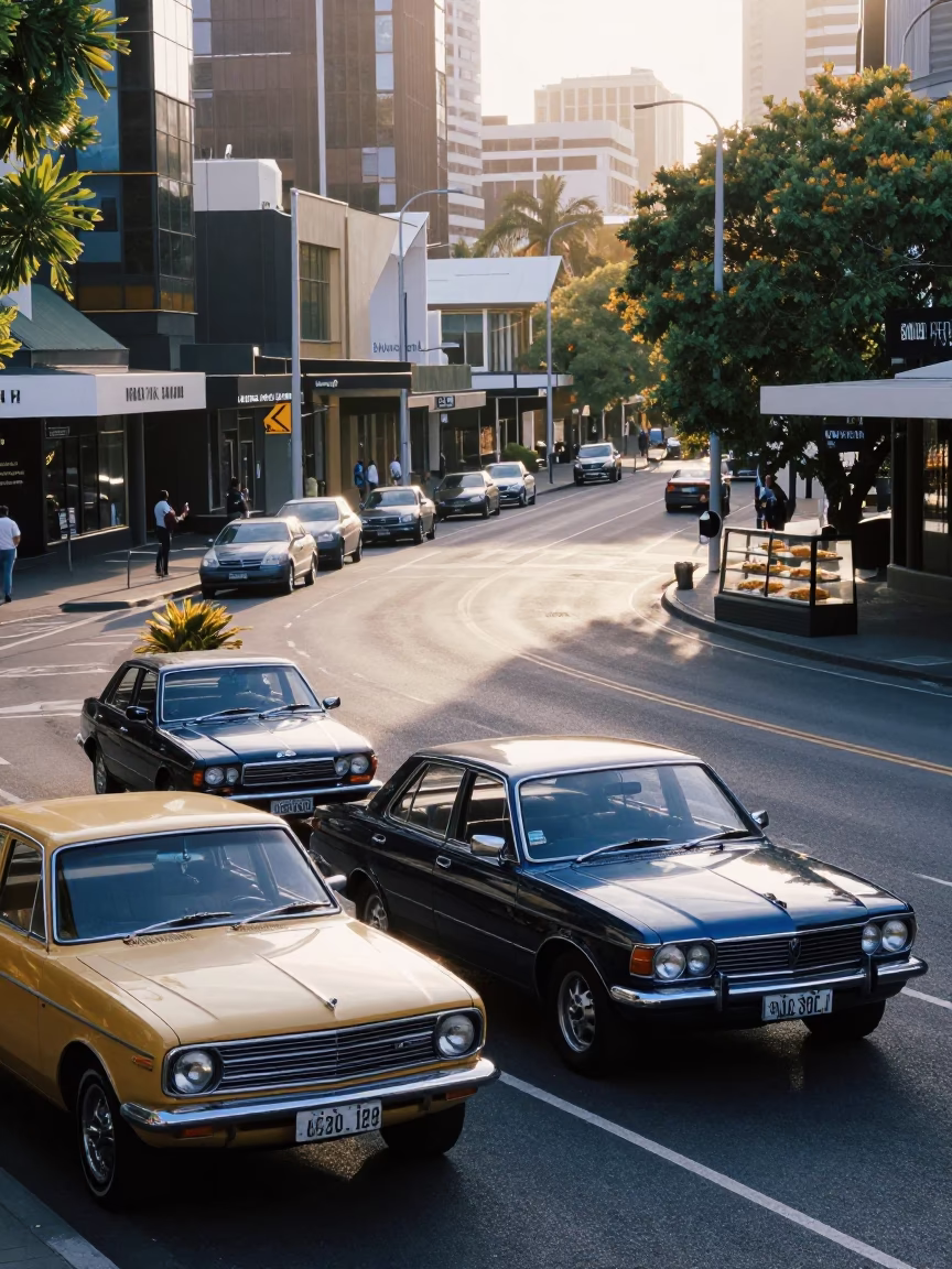 Early Morning Adelaide Street Scene with Vintage Cars and Morning Light in in Adelaide, South Australia, Australia