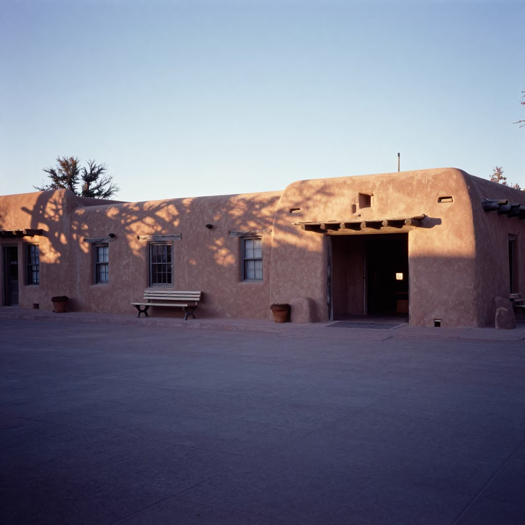 Early Morning Adobe Architecture and Santa Fe Plaza in New Mexico in in Santa Fe, New Mexico, United States