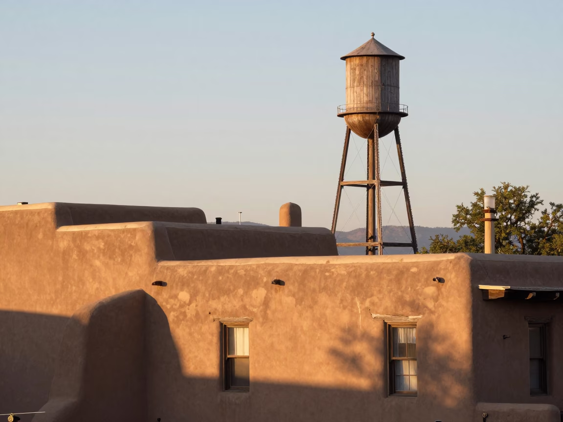 Early Morning Adobe Architecture and Water Tower in Santa Fe New Mexico in in Santa Fe, New Mexico, United States