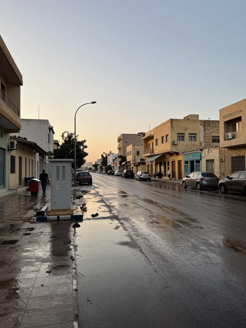 Early Morning Alexandria Egypt Street Scene with Puddles and Substation Road in in Alexandria, Egypt