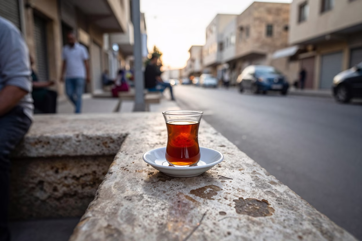 Early Morning Alexandria Egypt Street Scene with Tea Stains on Saucer in in Alexandria, Egypt