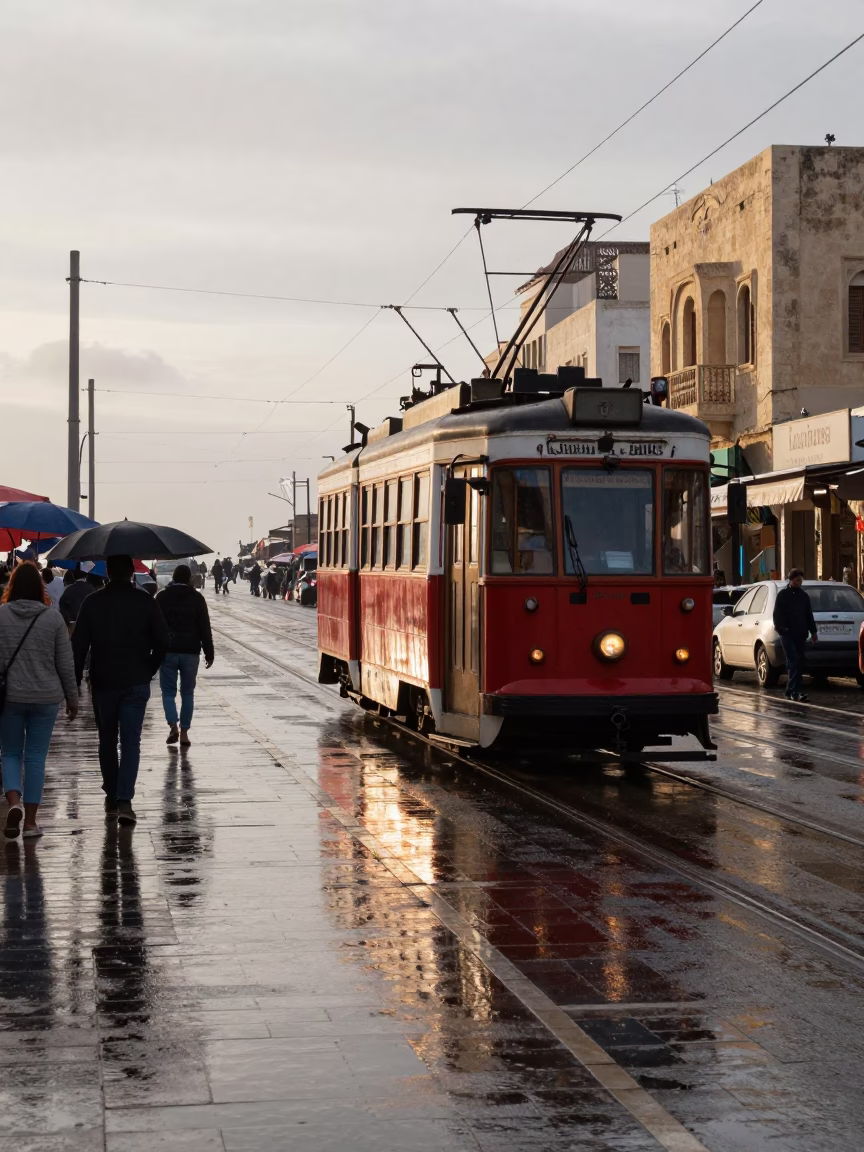 Early Morning Alexandria Egypt Street Scene with Tram and Market Details in in Alexandria, Egypt