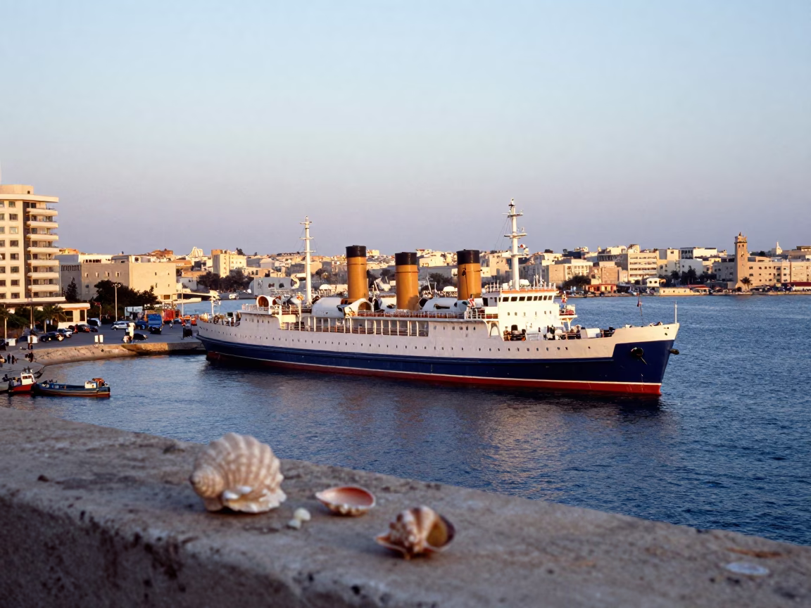 Early Morning Alexandria Harbor Scene with Steamship and Seashells in in Alexandria, Egypt