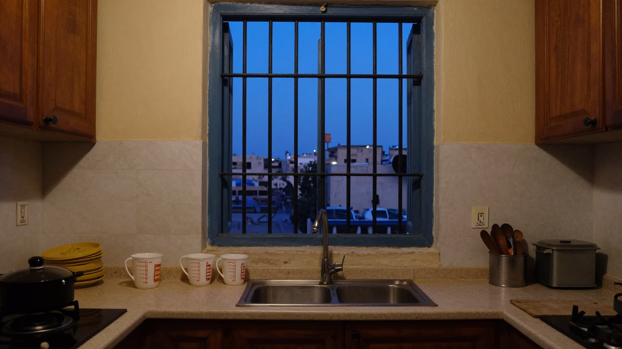 Early Morning Alexandria Kitchen Scene with Measuring Cups and Canister Set Before Dawn in in Alexandria, Egypt