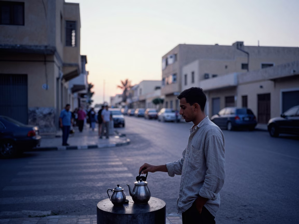 Early Morning Alexandria Street Scene with Coffee Pot and Local Market Activity Before Sunrise in in Alexandria, Egypt