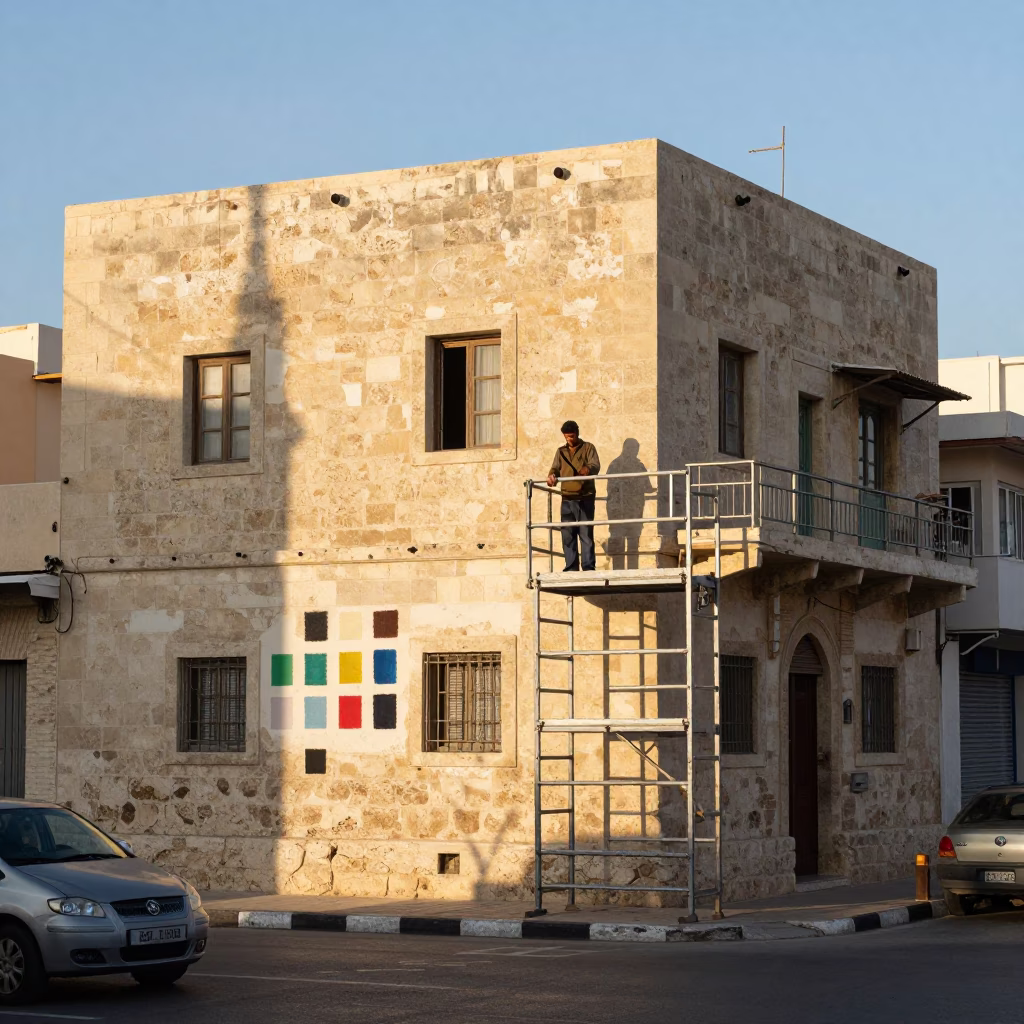 Early Morning Alexandria Street Scene with Muralist Sample Swatches on Scaffold in in Alexandria, Egypt