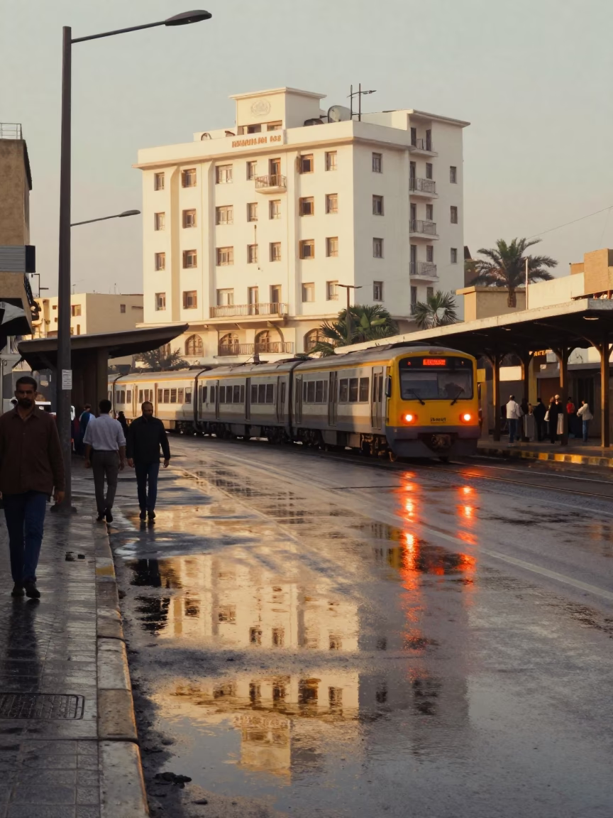 Early Morning Alexandria Street Scene with Puddle Reflection and Commuter Train in in Alexandria, Egypt