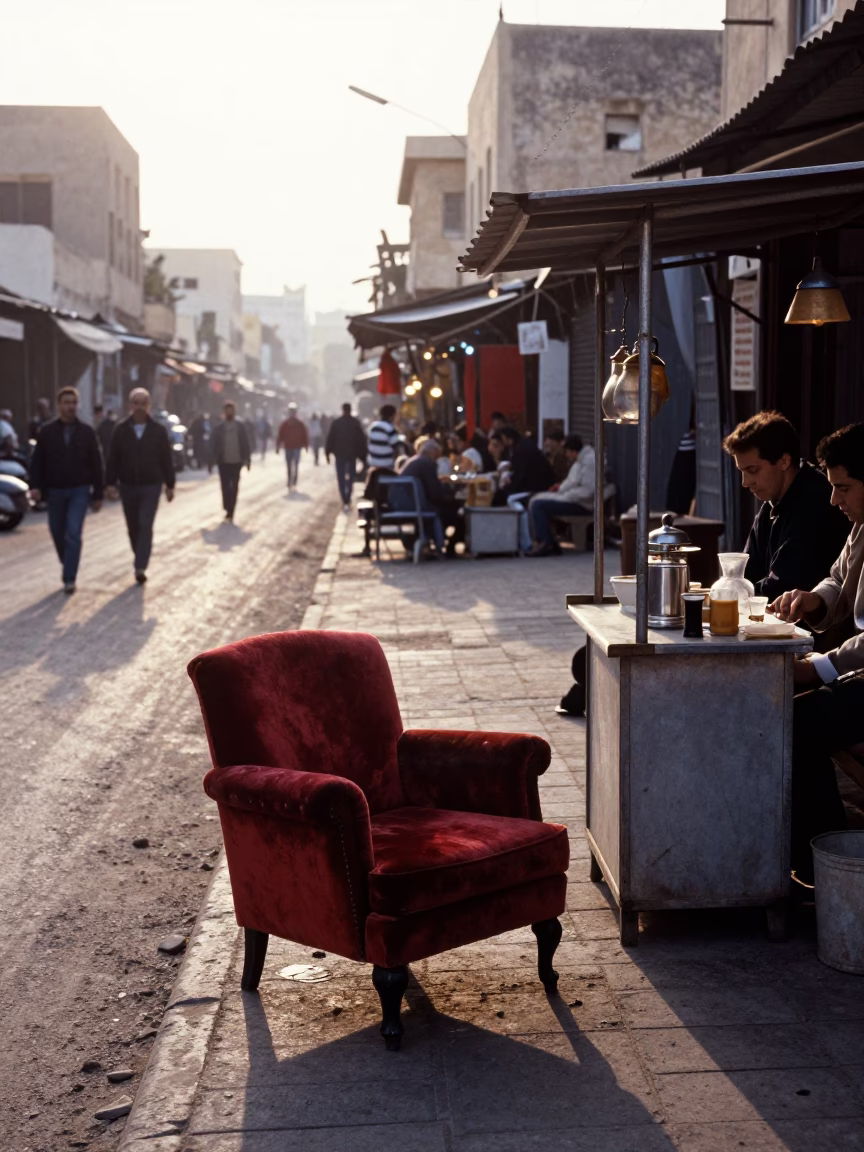 Early Morning Alexandria Street Scene with Vintage Armchair and Local Commerce in in Alexandria, Egypt