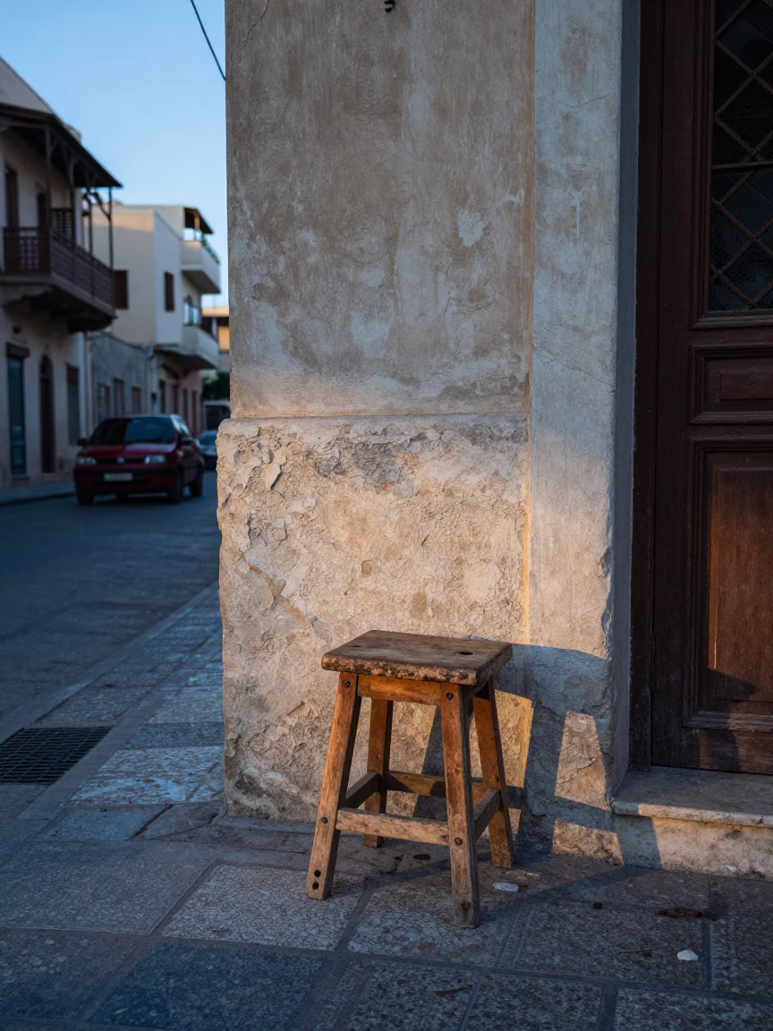 Early Morning Alexandria Street Scene with Wooden Stool and Wicker Shadow Before Sunrise in in Alexandria, Egypt