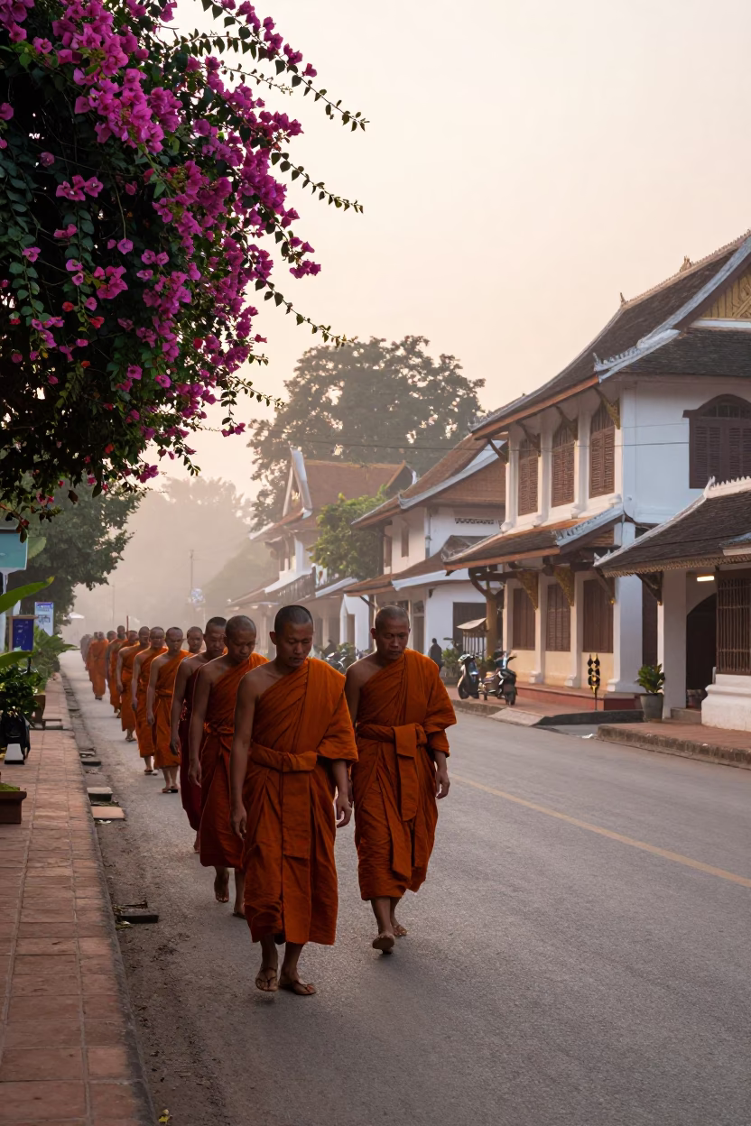 Early Morning Alms Giving Ceremony in Luang Prabang Laos with Bougainvillea in in Luang Prabang, Laos