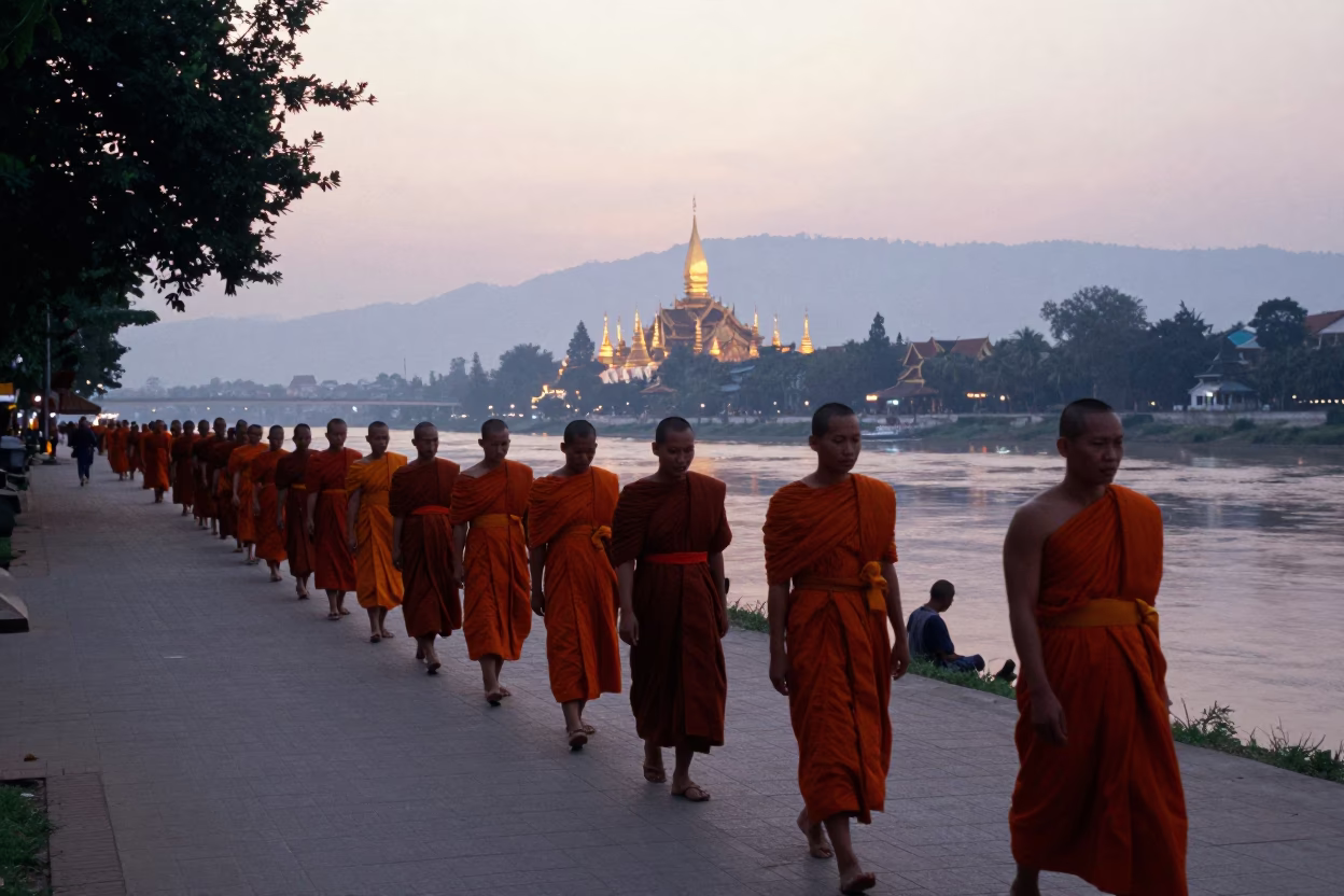 Early Morning Alms Giving Ceremony in Luang Prabang Laos with Monks and Locals in in Luang Prabang, Laos