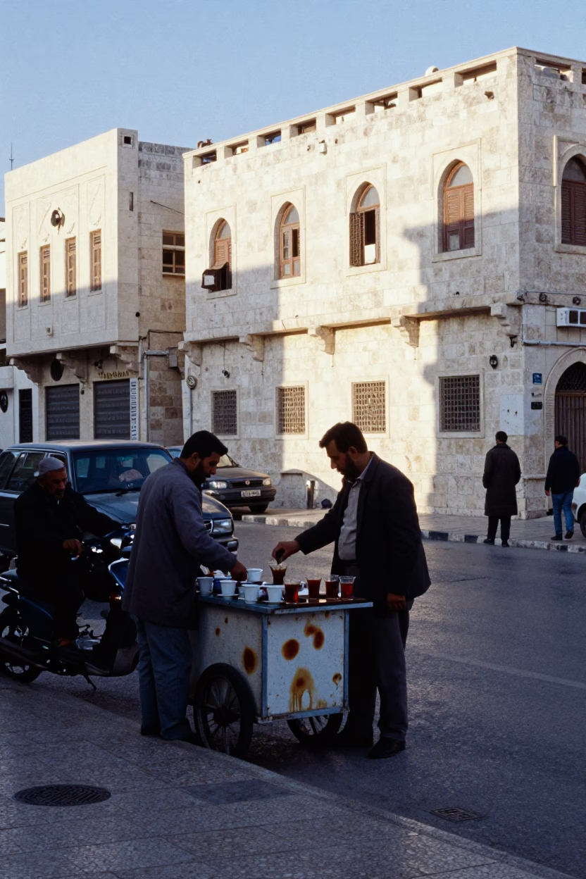 Early Morning Amman Jordan Street Scene with Tea Stains and Urban Life in in Amman, Jordan