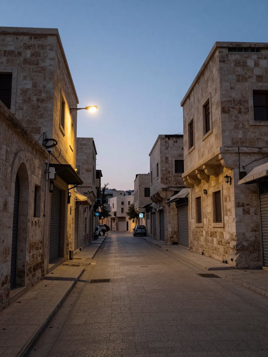 Early Morning Amman Street Scene Before Dawn with Night-Light Illumination in in Amman, Jordan