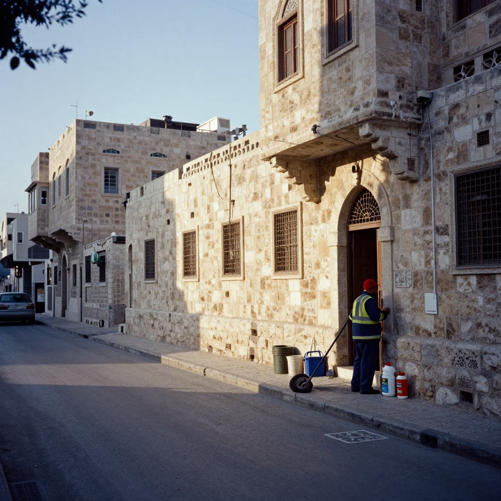 Early Morning Amman Street Scene with Cleaning Supplies and Urban Architecture in in Amman, Jordan