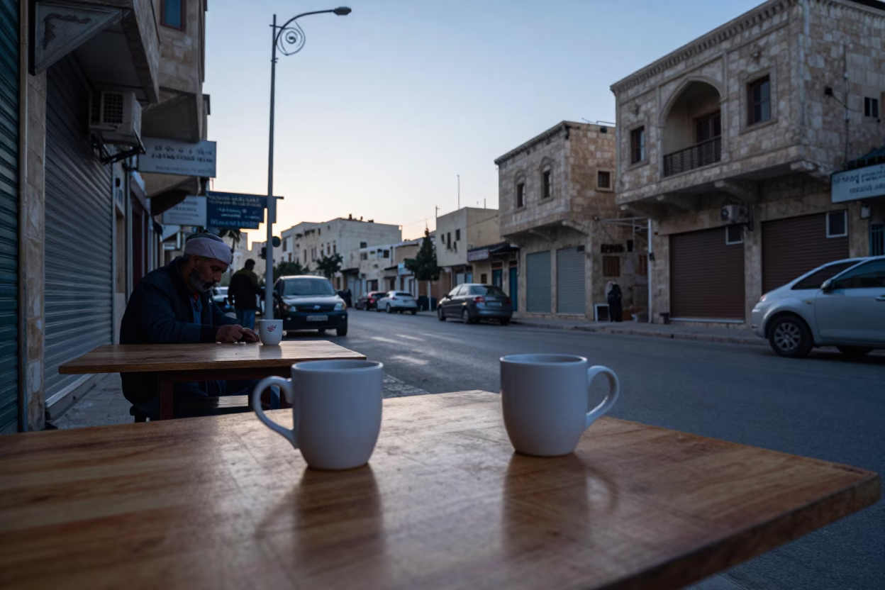Early Morning Amman Street Scene with Coffee Mugs and Terracotta Pot at Dawn in in Amman, Jordan
