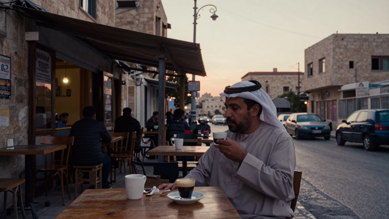 Early Morning Amman Street Scene with Espresso Cup and Urban Dawn Light in in Amman, Jordan