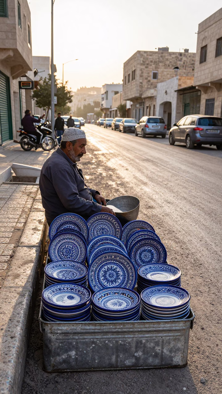 Early Morning Amman Street Scene with Local Vendor and Tin Box in in Amman, Jordan