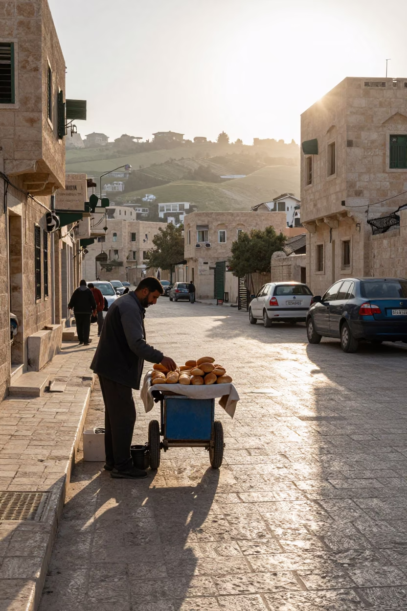 Early Morning Amman Street Scene with Local Vendor and Traditional Attire in in Amman, Jordan