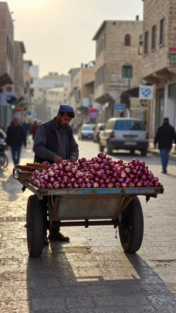 Early Morning Amman Street Scene with Onions and Traditional Clay Oven in in Amman, Jordan